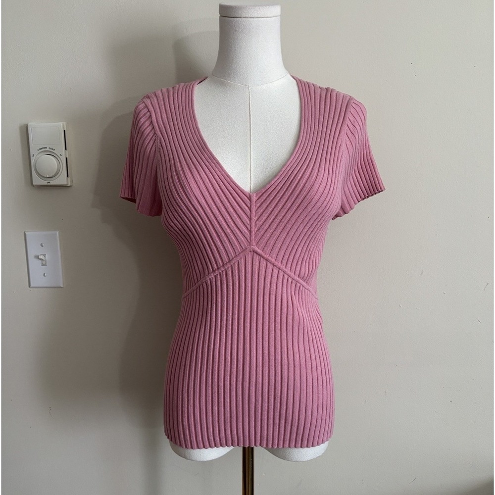 Y2K Baddie‎ August Rib Knit V Neck Top Light Pink Large Stretch Cute Coquette